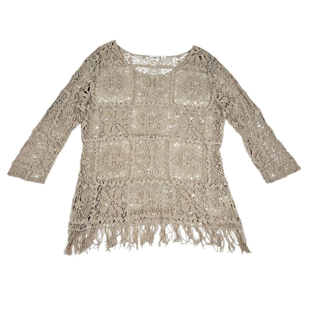 Cato Women’s XL Boho Crochet Lace Fringe Top Beige Open Knit 3/4 Sleeve Cotton